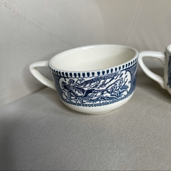 Vintage Currier & Ives Blue Cup Horse and Carriage Coffee Mug USA Made Set Of 2 - Picture 2 of 4